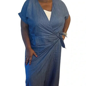 Eloquii Denim-Effect Wrap Jumpsuit in Blue